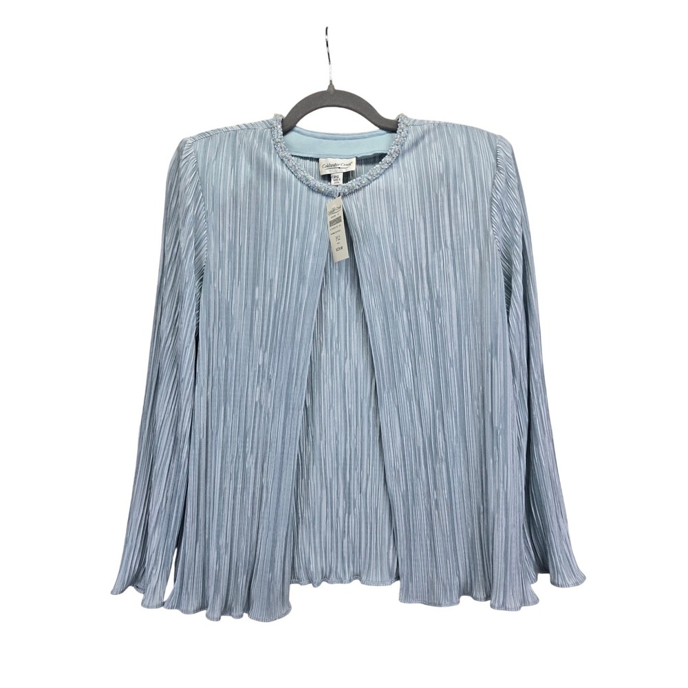 Coldwater Creek Blue Plisse Beaded Neck Open Front Cardigan Jacket Petite 12 NWT